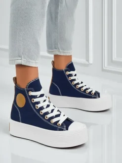 Trampki^Royalfashion Adelina Capri Granatowe Trampki Damskie na Płaskiej Platformie 4,5cm Granatowy