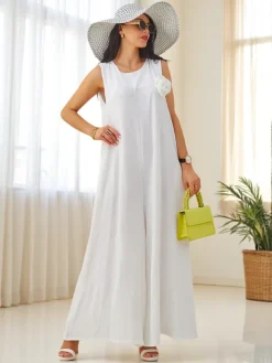 Kombinezony^Royalfashion Artemisia Eleganza – damski kombinezon maxi z wiskozy na ramiączkach biały