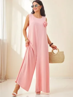 Kombinezony^Royalfashion Atena Rosa Palazzo – elegancki kombinezon na ramiączkach z tkaniny wiskozowej Jasny róż