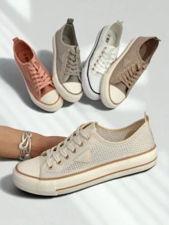 Trampki^Royalfashion Aurelia Beige - damskie tenisówki tkaninowe na płaskiej podeszwie 3 cm beżowy