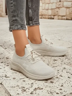 Ugc|Sportowe^Royalfashion Aurelia Beige – Beżowe tenisówki damskie tkanina sznurowane beżowy