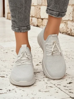 Ugc|Sportowe^Royalfashion Aurelia Beige – Beżowe tenisówki damskie tkanina sznurowane beżowy