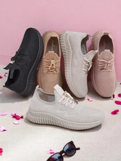 Ugc|Sportowe^Royalfashion Aurelia Beige – Beżowe tenisówki damskie tkanina sznurowane beżowy