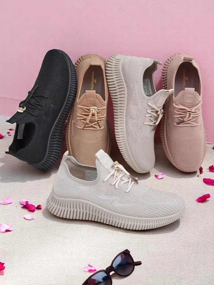 Ugc|Sportowe^Royalfashion Aurelia Beige – Beżowe tenisówki damskie tkanina sznurowane beżowy