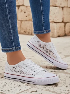 Ugc|Trampki^Royalfashion Aurelia Bianco - Ażurowe białe trampki z tkaniny, rozmiar 40 biały