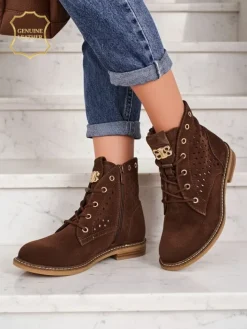 Botki Bez Ocieplenia|Botki Sznurowane^Royalfashion Aurelia Brązowe Botki Zamszowe z Futerkiem Ażurowe Eleganckie 2,5cm