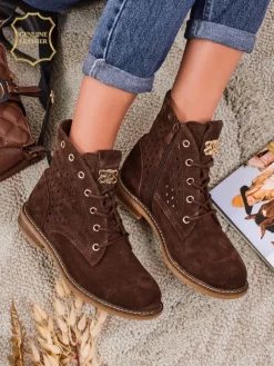 Botki Bez Ocieplenia|Botki Sznurowane^Royalfashion Aurelia Brązowe Botki Zamszowe z Futerkiem Ażurowe Eleganckie 2,5cm