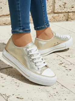 Ugc|Trampki^Royalfashion Aurelia Italia złote trampki damskie na platformie tkanina wiosna lato