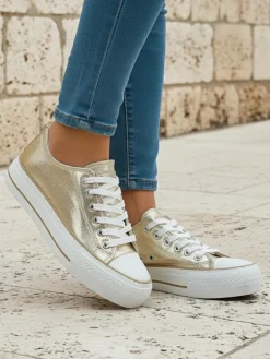 Ugc|Trampki^Royalfashion Aurelia Italia złote trampki damskie na platformie tkanina wiosna lato