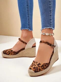 Sandały Na Koturnie^Royalfashion Aurelia Leopard Koturny damskie skóra ekologiczna Camel