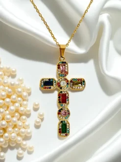 Biżuteria^Royalfashion Aurelia Lux Kolorowy Krzyż Złoty Naszyjnik Glamour z Kamieniami