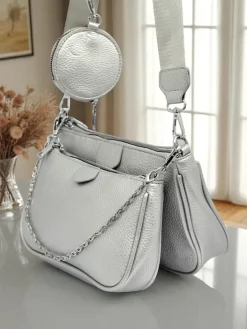 Małe Torebki^Royalfashion Aurelia Multi Silver – Torebka damska 3w1 z eko skóry z okrągłą saszetką srebrny