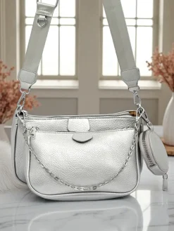 Małe Torebki^Royalfashion Aurelia Multi Silver – Torebka damska 3w1 z eko skóry z okrągłą saszetką srebrny