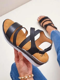 Sandały Na Koturnie^Royalfashion Aurelia Nero – Czarne sandały damskie na koturnie skóra eco czarny