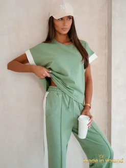 Komplety Damskie^Royalfashion Aurelia Verde – komplet dresowy bawełna elastan stylowy klasyk włoski khaki