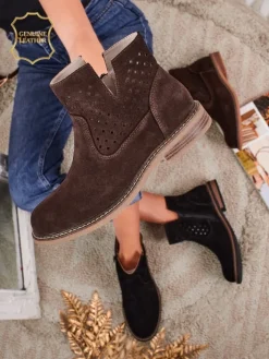 Botki Bez Ocieplenia|Botki Na Płaskim Obcasie^Royalfashion Aurelia Verona - Brązowe botki zamszowe damskie z naturalnej skóry, 3 cm obcas brązowy