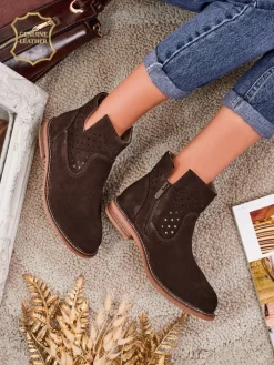 Botki Bez Ocieplenia|Botki Na Płaskim Obcasie^Royalfashion Aurelia Verona - Brązowe botki zamszowe damskie z naturalnej skóry, 3 cm obcas brązowy