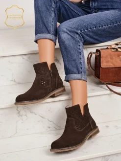 Botki Bez Ocieplenia|Botki Na Płaskim Obcasie^Royalfashion Aurelia Verona - Brązowe botki zamszowe damskie z naturalnej skóry, 3 cm obcas brązowy