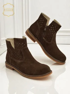 Botki Bez Ocieplenia|Botki Na Płaskim Obcasie^Royalfashion Aurelia Verona - Brązowe botki zamszowe damskie z naturalnej skóry, 3 cm obcas brązowy