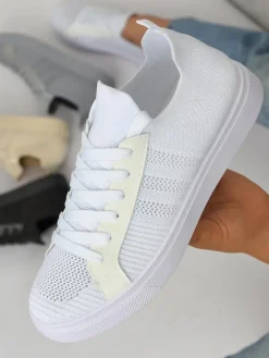 Trampki^Royalfashion Aurelio Białe Sneakersy Tekstylne z Eko Skóry na Płaskiej Platformie 2,5 cm biały