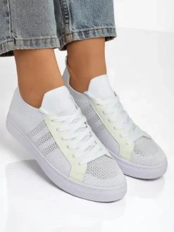 Trampki^Royalfashion Aurelio Białe Sneakersy Tekstylne z Eko Skóry na Płaskiej Platformie 2,5 cm biały