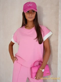 Komplety Damskie^Royalfashion Aurora Rosa – komplet dresowy z bawełny z szerokimi spodniami różowy