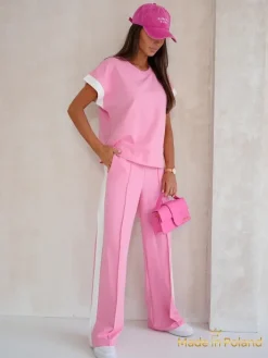 Komplety Damskie^Royalfashion Aurora Rosa – komplet dresowy z bawełny z szerokimi spodniami różowy