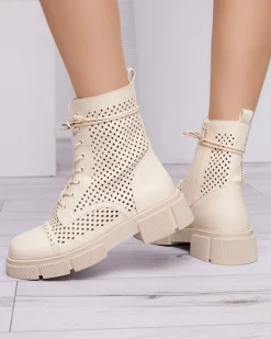 Botki Bez Ocieplenia|Botki Sznurowane^Royalfashion Ażurowe beżowe damskie botki na płaskim obcasie Rolika - Obuwie beżowy