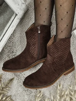 Botki Bez Ocieplenia|Botki Na Płaskim Obcasie^Royalfashion Ażurowe botki eko zamszowe z naturalną wkładką Nolani