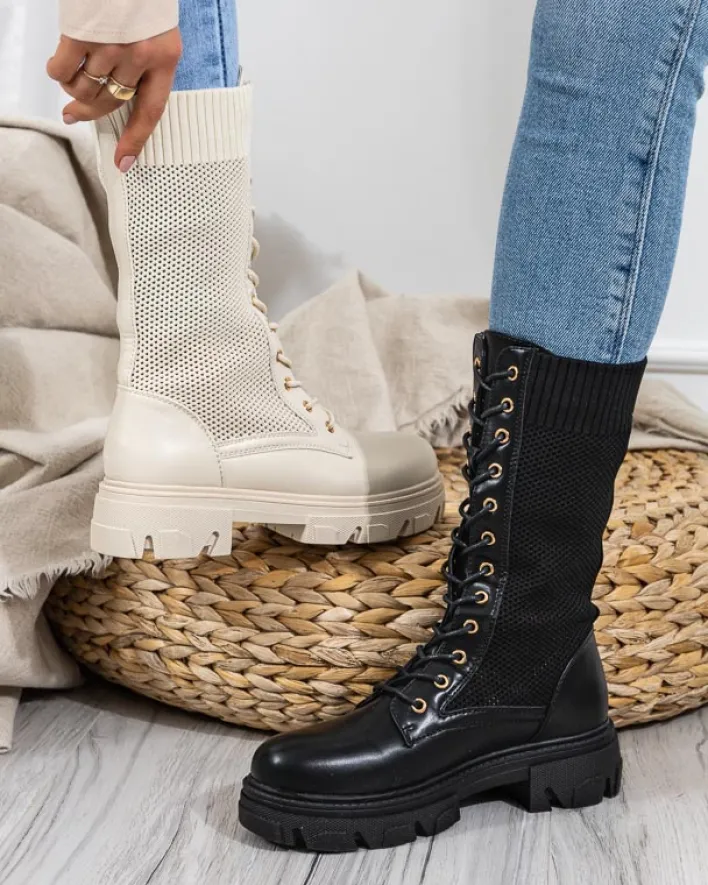 Workery|Botki Bez Ocieplenia^Royalfashion Ażurowe czarne damskie botki sznurowane Buhomi - Obuwie czarny