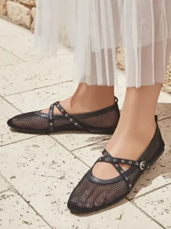 Baleriny Klasyczne^Royalfashion Baleriny Arethusa Nero z siateczki na płaskim obcasie czarny