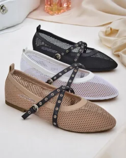 Baleriny Klasyczne^Royalfashion Baleriny Calista Bianca – siateczkowe białe buty damskie z czarnymi paskami biały