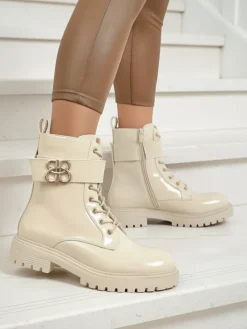 Botki Z Delikatnym Ociepleniem|Botki Na Płaskim Obcasie^Royalfashion Beżowe botki Ariadne z ekologicznej skóry lakierowanej na zamek, okrągły nosek, stylowe