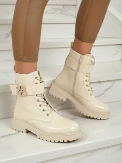 Botki Z Delikatnym Ociepleniem|Botki Na Płaskim Obcasie^Royalfashion Beżowe botki Ariadne z ekologicznej skóry lakierowanej na zamek, okrągły nosek, stylowe