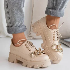 Półbuty^Royalfashion Beżowe półbuty na płaskim obcasie Eqoia - Obuwie beżowy