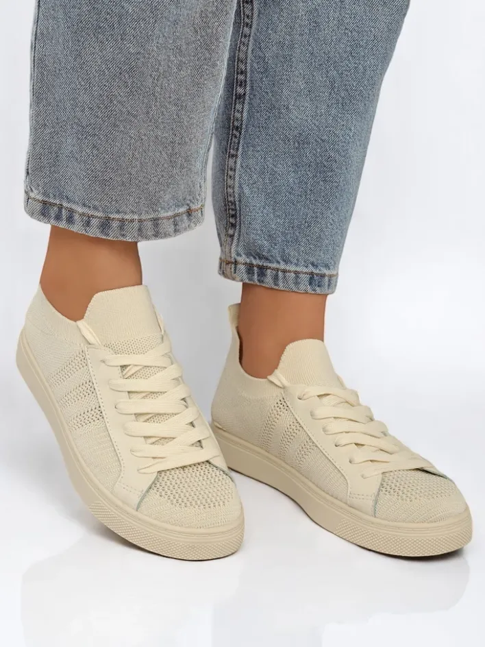 Trampki^Royalfashion Beżowe sneakersy Damiani – lekkie trampki tkanina/skóra eco na lato beżowy