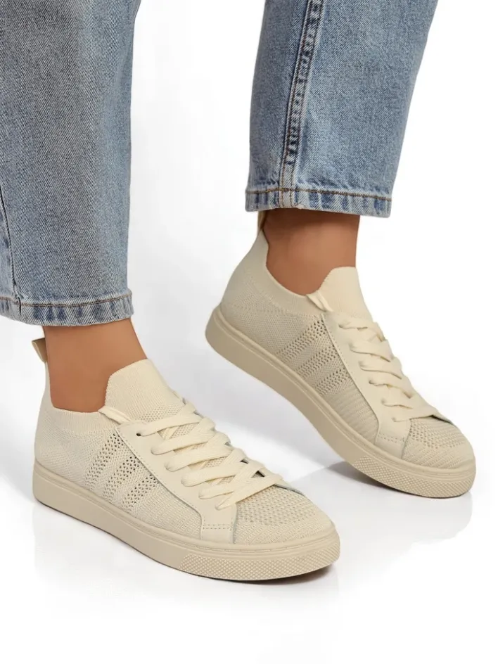 Trampki^Royalfashion Beżowe sneakersy Damiani – lekkie trampki tkanina/skóra eco na lato beżowy