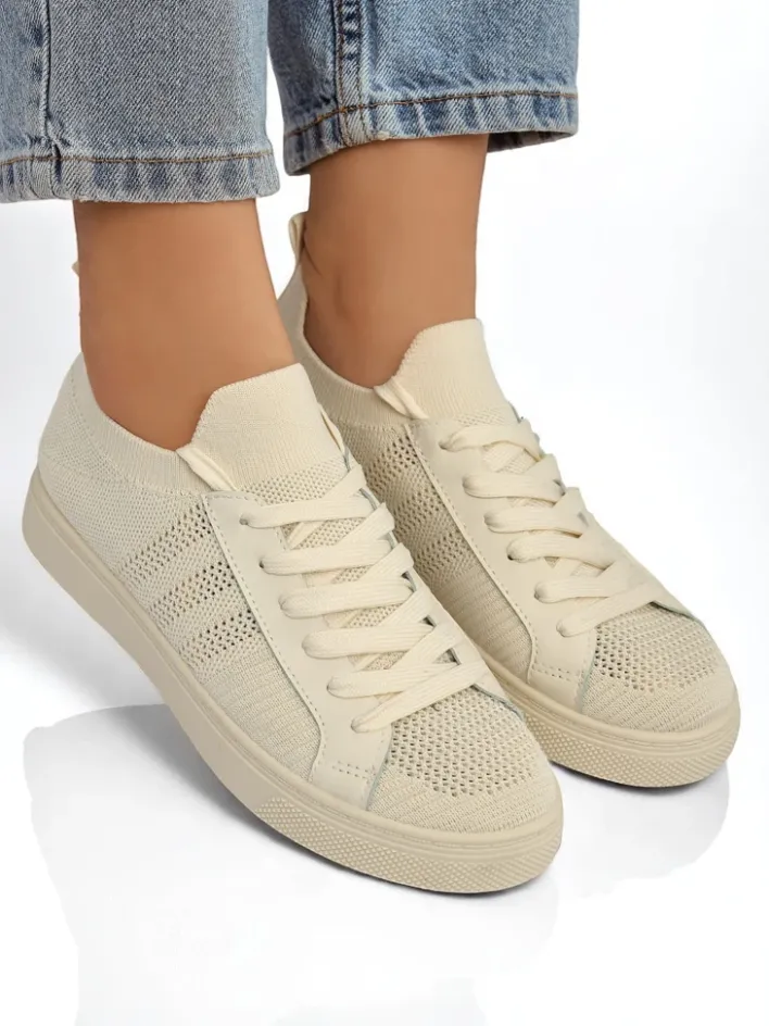 Trampki^Royalfashion Beżowe sneakersy Damiani – lekkie trampki tkanina/skóra eco na lato beżowy