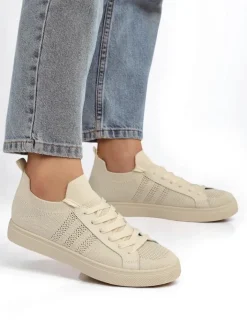 Trampki^Royalfashion Beżowe sneakersy Damiani – lekkie trampki tkanina/skóra eco na lato beżowy