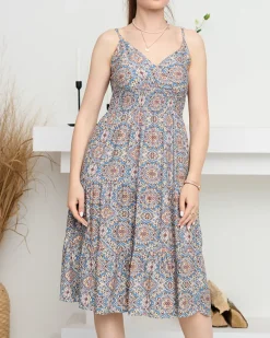 Sukienki Letnie|Sukienki Krótkie^Royalfashion Beżowo- niebieska damska letnia sukienka z printem- Odzież Ecru