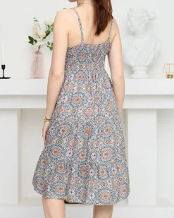 Sukienki Letnie|Sukienki Krótkie^Royalfashion Beżowo- niebieska damska letnia sukienka z printem- Odzież Ecru