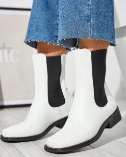 Botki Z Delikatnym Ociepleniem|Botki Na Płaskim Obcasie^Royalfashion Białe wysokie botki damskie z kwadratowym noskiem Ludiz- Obuwie