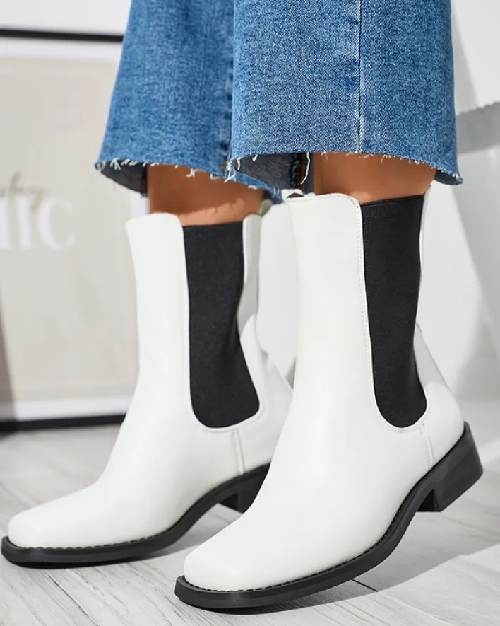 Botki Z Delikatnym Ociepleniem|Botki Na Płaskim Obcasie^Royalfashion Białe wysokie botki damskie z kwadratowym noskiem Ludiz- Obuwie