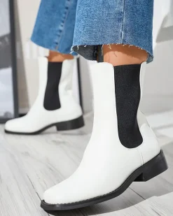 Botki Z Delikatnym Ociepleniem|Botki Na Płaskim Obcasie^Royalfashion Białe wysokie botki damskie z kwadratowym noskiem Ludiz- Obuwie