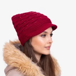 Czapki I Kapelusze^Royalfashion Bordowa damska ciepła czapka z perełkami - Akcesoria czerwony