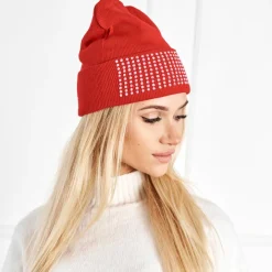 Czapki I Kapelusze^Royalfashion Bordowa damska czapka z perełkami - Akcesoria czerwony