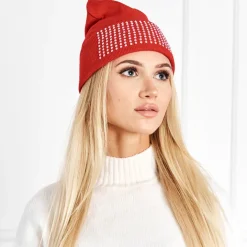 Czapki I Kapelusze^Royalfashion Bordowa damska czapka z perełkami - Akcesoria czerwony