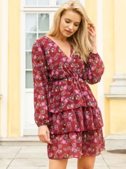Sukienki Letnie|Sukienki Krótkie^Royalfashion Bordowa damska sukienka w kwiaty - Odzież Bordowy