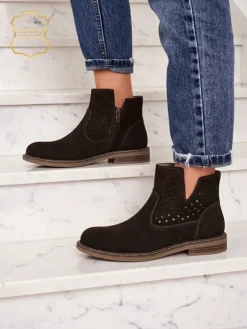 Botki Bez Ocieplenia|Botki Na Płaskim Obcasie^Royalfashion Botki Ariadne z naturalnego zamszu ciemnobrązowe, płaskie obcasy 3 cm Ciemnobrązowy