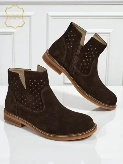 Botki Bez Ocieplenia|Botki Na Płaskim Obcasie^Royalfashion Botki Ariadne z naturalnego zamszu ciemnobrązowe, płaskie obcasy 3 cm Ciemnobrązowy